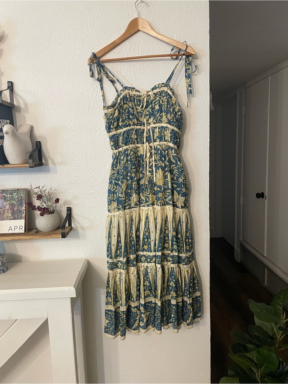 Ulla Johnson Blue Cream Printed Tie-Shoulder Midi Indah Dress Lanai Size 4 - Picture 4 of 10